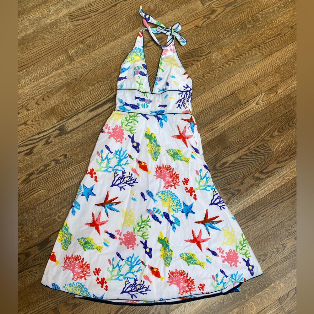 J. Crew White Halter Dress with Multicolor Fish, Coral & Starfish Motif size 0